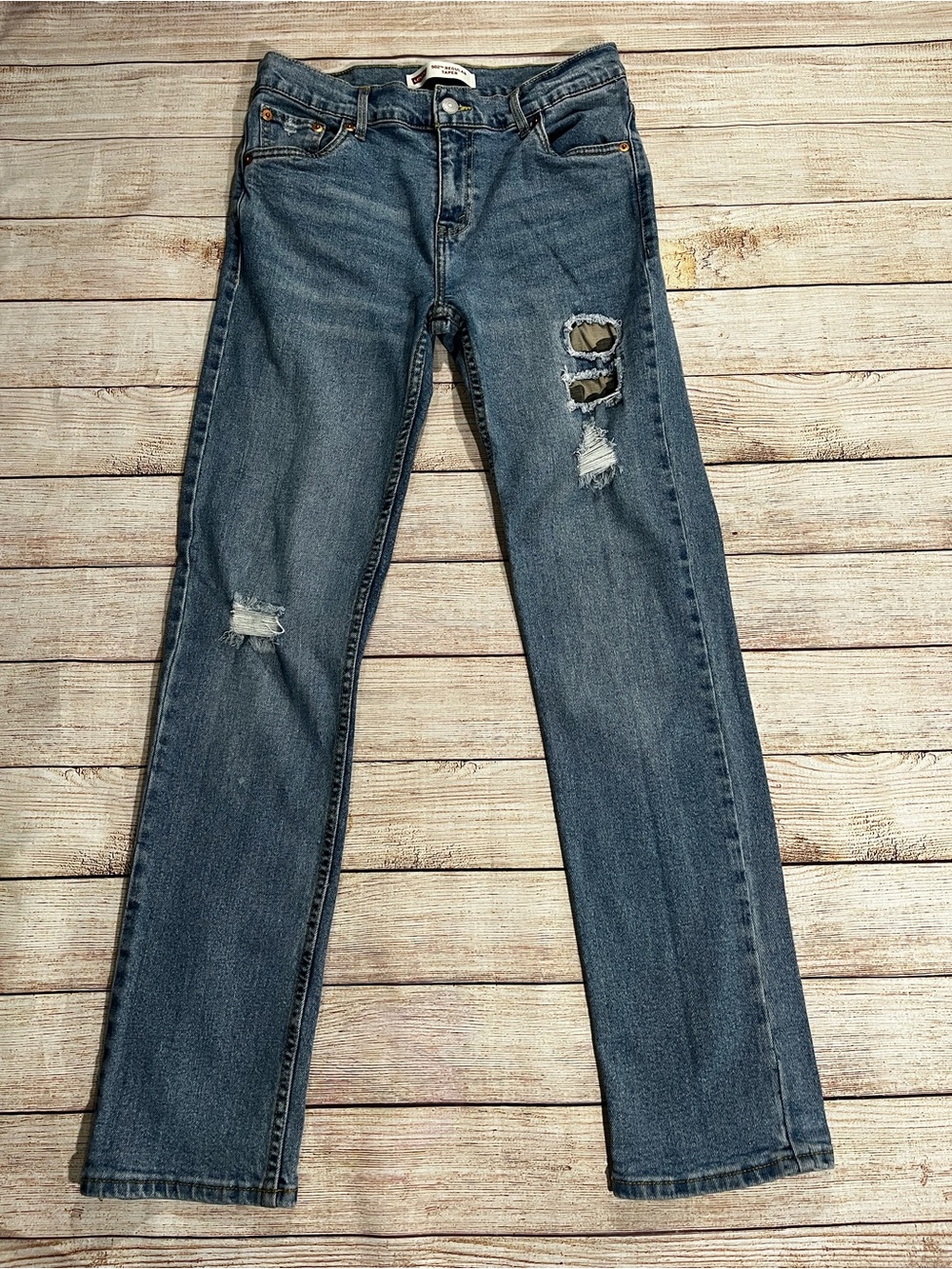 Levi’s Boys 502 Regular Taper Distressed Jeans with camouflage backed patches